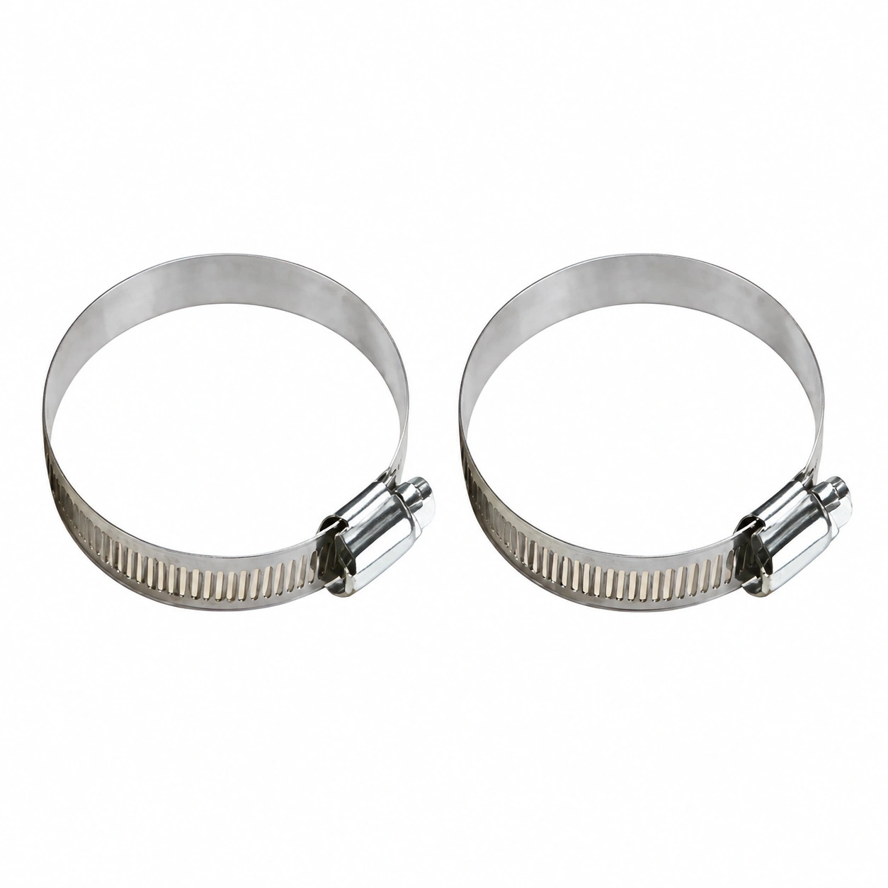 Two stainless steel 75mm worm drive hose clamps on a white background.
